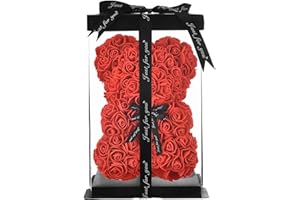 NWSX Rosenbär - Rose Flower Bär Handgemachter Teddybär, Beste künstliche Dekoration Geschenke für Muttertag, Valentinstag, Braut, Hochzeiten, Die perfekte Party Clear Geschenkbox (10in, red)