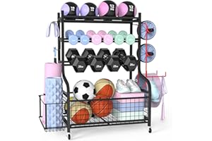 ‎ZACHVO ZACHVO Hantelständer, Multifunktionaler Kurzhantelständer für Hanteln, Yoga Matte, Faszienrolle, Kettlebell und Yoga Block, Dumbbells Regal für Home Gym mit 4 Rädern und 8 Haken