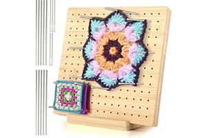 RMIVEGLIA Planche de Blocage Crochet 19,5 x 19,5 cm, Plaque de Blocage en Bois pour Granny Square Crochet Français, avec 10 Bâtons Inox & 5 Épingles, Accessoires Crochet Pratiques pour Pièces Tricot & Crochet.