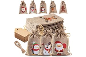 TOOCOO 25 Stück Weihnachts Burlap Geschenktaschen mit Schnur und Tags - 10 x 15 cm Kleine kleine Geschenktaschen für Weihnachtssüßigkeiten und Weihnachtszubehör