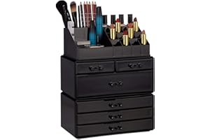 Relaxdays Kosmetikorganizer mit 6 Schubladen, 22 Fächer Make Up Organizer, große Schmink-Aufbewahrung aus Acryl, schwarz, 29 x 23,5 x 14 cm