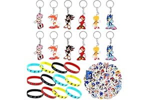 ANBOBILI Sonic Party Supplies Décoration Set, Cadeau Anniversaire Enfant Sonic, Sonic Articles de Fête 12 Bracelet en Silicone, 12 Porte-Clés 50 Autocollants, Sonic Jouet pour Garçons & Filles