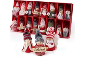 Sweelov 16-teiliges Set Weihnachtswichtel Anhänger Wichtel aus Holz Strick Baumanhänger Weihnachts-Deko Weihnachtsmann Christbaumanhänger, ca.8 cm