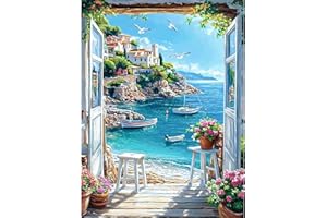 KEYIFA Mer Porte Peinture par Numéros pour Adulte, Paysage Kits de Peinture au Numéro avec Acrylique, DIY Fleurs Creatif Toile Paint by Numbers Kits, Décoration de Maison 30x40cm