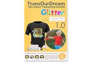 TransOurDream Tru-Glitter Transfer Paper Printable Inkjet Vinyl HTV 10 Sheets A4 Iron on Transfers Dark Image with Reflect Colorful Shimmer Under Light (G-1.0-10)