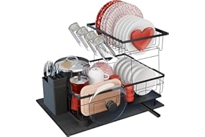 RebelEver Egouttoir Vaisselle sur Evier avec Tapis Vaisselle Absorbant et système d'évacuation Automatique vers l'évier de la Cuisine - Organisateur Evier Cuisine (2 Niveaux)