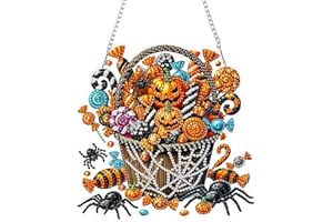DOMROM Halloween Diamond Art Painting Anhänger, Kürbis Diamond Painting Fensterbilder, Süßigkeiten Diamond Painting Hängende Ornament für Kinder Erwachsene Diamant Malerei Basteln Tür Fenster Deko