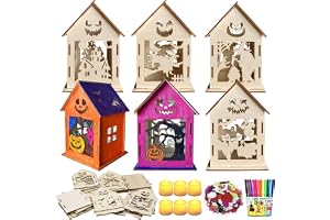 6 stycken Halloween-lyktor pysselset, gör-det-själv halloween spökhus pysselset, trälykta för barn, hantverk och målning, trälykta med LED-ljus, värmeljushållare för halloween, gåva barn (C)
