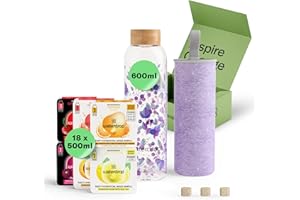 WATERDROP MICRODRINK waterdrop® Coffret Dégustation Verre - Bouteille en Verre 600ml + 18 Cubes à Boire en 6 Saveurs, Boisson en Cube avec Vitamine C & Vitamine B, Sans Sucre, Gourde d'Eau, Coffret Cadeau Femme & Homme