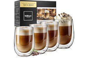 ElbFuchs® Doppelwandige Latte Macchiato Gläser Set [4x 350ml in GASTRO-QUALITÄT] Kristallklare Thermogläser doppelwandig | Ideal als Cappuccino Gläser | Kaffeegläser | Teegläser