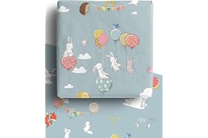 DELECO 4 x Bunnies and Balloons Wrapping Paper Sheets 70cm x 50cm - Premium Recyclable Baby Blue Animal Gift Wrap Perfect for Mother's Day, Easter, New Baby Boy or Girl and more.