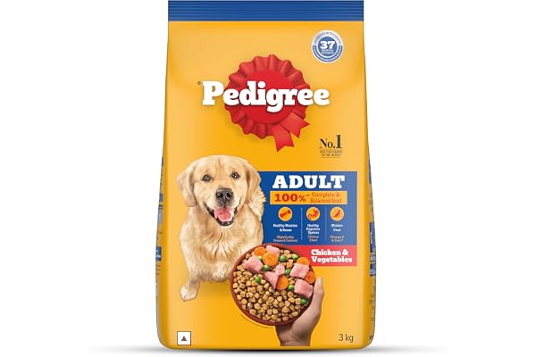 Pedigree Adult Dry Dog Food, Chicken & Vegetables, 3 kg, Contains 37 Essential Nutrients, 100% Complete & Balanced Food for Adult Dogs
