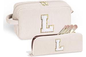 Parima Kosmetiktasche Damen Mädchen - 2 Stück Cord Kosmetiktasche Klein Beige Kulturtasche Personalisierte Geschenke für Frauen Mama Geburtstagsgeschenk für Mädchen Kosmetiktasche mit Buchstaben L