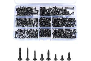 HEOZHUYI 240 Pcs Black Self Tapping Wood Screws Assortment Kit, Carbon Steel Cross Pan Round Head Screws, M3 M4 M3 M4 Self Drilling Countersunk Machine Fastener Screws - 10mm/12mm/16mm/20mm/25mm
