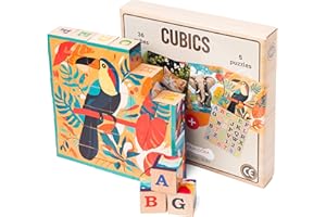 GÉNÉRIQUE CUBICS – 6-in-1 Montessori Holzpuzzle aus nachhaltigem, plastikfreiem Holz – 36 Würfel mit Buchstaben, Zahlen & Tieren – Lernspiel für Kinder ab 3 Jahren – Geschenk zu Weihnachten oder Geburtstag