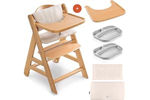 hauck Seggiolone Set Alpha+ Move - Seggiolone Pappa Legno con Ruote - Sediolone Pappa Bimbi con Vassoio e Cuscino - Sedia Evolutiva con 2 Piatti in Silicone - Legno, beige