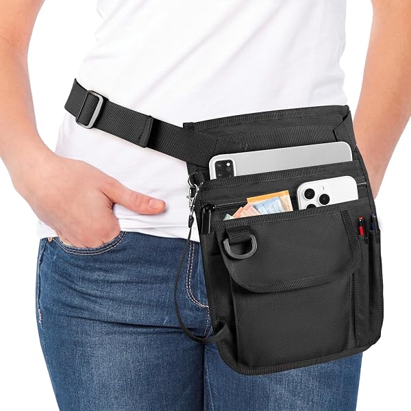 FAURAPMNG Server Apron Bag – Waist Money Pouch With Adjustable Belt, 5 Pockets & 2 Pens For Waitresses, Waiters & Bartenders (Black, 10x8 Inch)