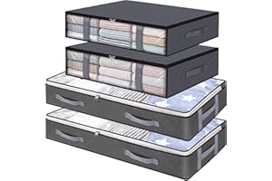 CJWLKJ 4-Pack Under Bed Storage Bags, Foldable Large Underbed Storage Organiser Containers, Clothes Storage Bags Box with Clear Window & Handles for Blanket, Comforter, Bedding, Quilts, Grey