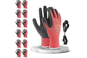 FUZZIO 12 par rękawic roboczych dla mężczyzn, rozmiar 10, czerwone rękawiczki dla mechaników, rękawice ogrodowe, męskie, rękawice robocze, rękawice montażowe, męskie, powłoka lateksowa z klipsem