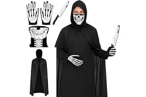 MOONLIGHT FRIGHT 4pc Adult Skeleton Costume with Half Skull Mask Bone Gloves Fake Knife with Fake Blood and Hooded Black Cloak - Scary Skeleton Halloween Costumes for Men - Adult Grim Reaper Halloween Outfit for Men