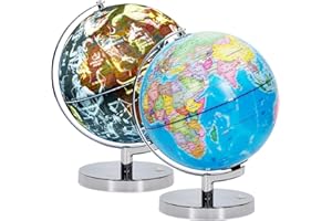 Exerz 23cm Leuchtglobus Metallsockel - Deutsche Karte - Schülerglobus Mit Kabelfreier LED-Beleuchtung Bei - Politische Karte (Tageszeit) - Konstellation Sterne (Nacht)