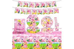 SIDESEA Decorazioni Compleanno, 62 Pezzi Princess Tovaglia Compleanno Stoviglie per Feste di Compleanno Decorazioni Compleanno Bambina Bambino Kit Piatti Peach Compleanno Stoviglie per Feste