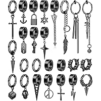 21 stuks heren-oorbellen, roestvrij staal, Kpop-oorbellen, punk-oorbellen, kruishangers, veren, oorbellen, zwart, zilver, goud, Roestvrij staal, zirkoon