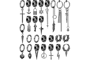 Diamday 25pcs Clip-on Earrings for Men - Stainless Steel Cross, Chain Dangle, Black Huggie Hoop Earrings - Non-Pierced, Punk Gothic Kpop Set