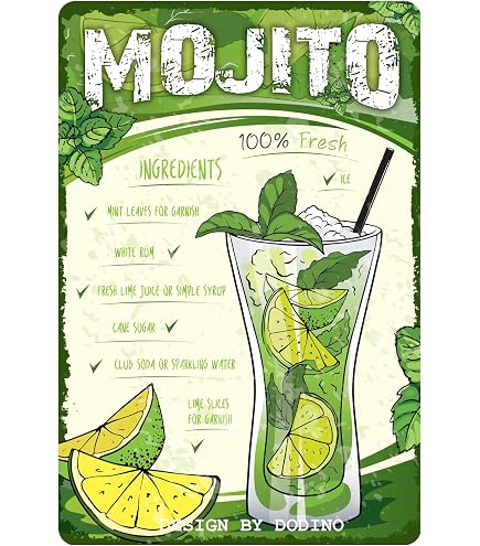 Plaque Métal Décorative - Recettes De 9 Cocktails - Format 20x30cm - Idée Déco Bar Ou Cuisine - Design Rétro