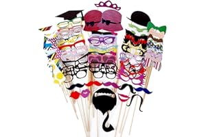 Foonii Requisiten-Set, 76-teilig, für Foto-Automat, Zubehör, mit bunten Brillen, Schnurrbart, Lippen, Fliegen, Hüte, an Stäben, für Hochzeit, Party, für Weihnachten, Geburtstag