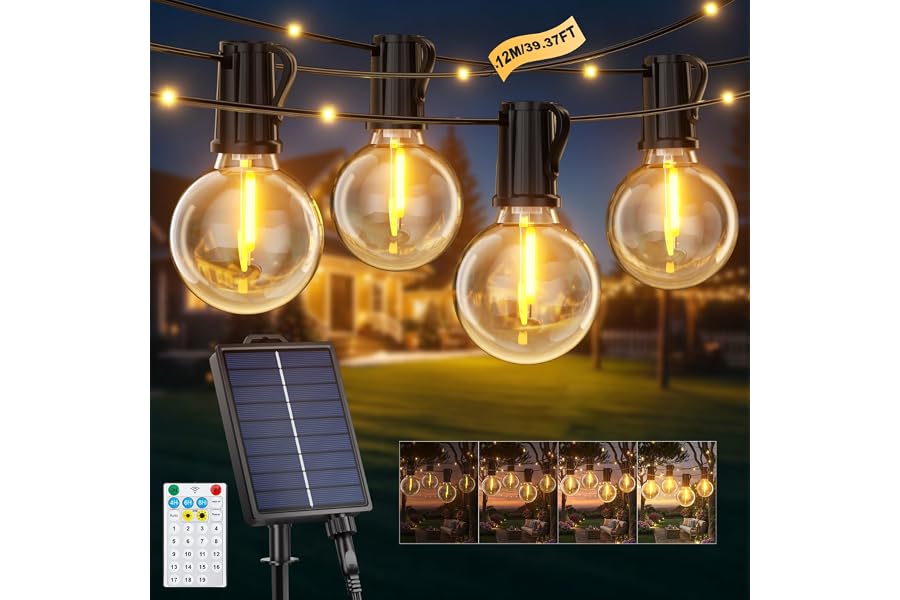 Catena Luminosa Esterno Solare 12M 14+1 G40 Lampadine LED Luci Solari per Esterni 19 Modalità Impermeabile Luci Solari Estern