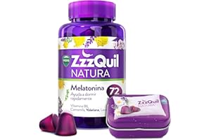 ZzzQuil Natura Gummies de Melatonina 1mg con Valeriana, Complemento Alimenticio para dormir sabor Frutos del Bosque, 72 Gummies y Cajita de Viaje