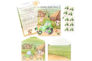XIONGHONGLONG 12× Traktor Einladungskarten Kindergeburtstag,mit Umschlägen & Stickern,Einladungen zum Kindergeburtstag Traktor,Einladungskarten Kindergeburtstag Junge,für Mädchen und Jungen Geburtstagseinladungen