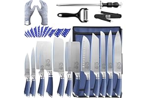 Xyj Set de couteaux de chef professionnel, 12 pièces Set de couteaux de chef avec sac bleu, gaine, couteau de boucher de cuisine de cuisson, découpe de cuisine, santoku, acier inoxydable