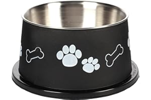 Flamingo Gamelle pour la Nourriture et l'eau Longues Oreilles Kena Noir/Argent 900ml – Bol Profond Antidérapant pour Chiens à Grandes Oreilles | Hygiène et Confort au Quotidien