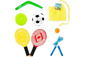abeec Bag Of Outdoor Games - Garden Games - Outdoor Toys - Includes Bat And Ball Game, Skipping Rope, Inflatable Football, Frisbee For Kids & A Boomerang For Kids - Garden Games For Kids