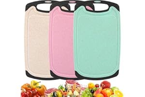 VIBINHO Set di 3 Taglieri da Cucina in Paglia di Grano, Taglieri in Alimentare Professionali Antibatterici con Scanalatura per Succhi e Base Antiscivolo, Eco-Compatibili (Beige, Verde, Rosa)