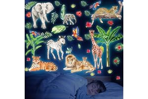 HSDSH Adesivi da Parete Fluorescenti Animali della Giungla Stickers da Muro Adesivo Luminoso Safari Leone Adesive Fluorescenti Decorazioni Parete per Camera da Letto Bambini Cameretta Blu