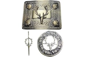 IMPERIAL KILT PRODUCTS Fibbia per cintura scozzese con finitura anticata, spilla per kilt a forma di cardo, spilla a testa di cervo e spille scialle, cintura per kilt con fibbia nodo celtico