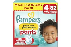 Pampers Premium Protection Pants Taille 4, 82 Couches-Culottes, 9kg-15kg, Avec un Maintien 360° et des Barrières Anti-fuites Douces 2 fois plus larges qu’avant pour Confort et Protection
