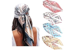 WELROG 4 Pack Pañuelos Cabeza Mujer - 90 * 90 cm Bandanas Grandes Pañuelos Cuadrados como seda Bufanda de pelo Mancha Diadema para Niñas