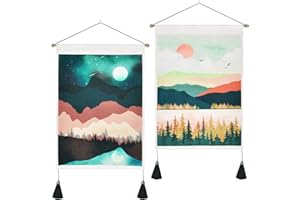 Yugarlibi Juego de 2 tapices japoneses de pared con borlas, bosque de montaña, sol y luna, paisaje pequeño, tapiz de primavera para dormitorio, sala de estar, 35 x 50 cm