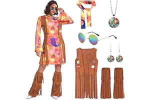 Ulikey Ropa Hippie Mujer, Disfraz Hippie Mujer, Vestido Hippie Mujer Disfraz con Chaleco con Borlas, Cubrebotas con Borlas, Gafas Hippies, Travestimento Hippie para Carnaval