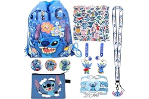 Forfamy Kit Regalo Stitch Bambini, Set Regali Compleanno Stitch con Sacca con Cordoncino, Adesivi, Portachiavi, Bracciale, Accessori Stitch Regali per Compleanno
