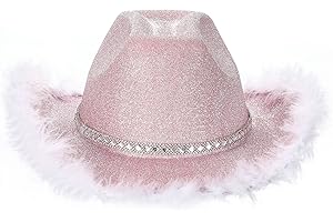 Qtinghua Cowboyhut für Damen, flauschiger Federbesatz, Halloween-Kostüm, Cowgirl-Hut für Cosplay, Kostümparty, Rollenspiel, Geburtstagsparty, Weiß-Rosa