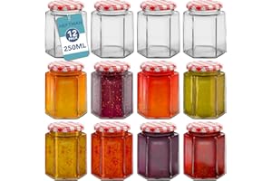 HEFTMAN Small Glass Jars with Lids - 12 Pack Airtight 250ml Jam Jars with Red Gingham Lids for Use as Pickle Jar, Jams, Honey, Candle Making, Preserving, Food Storage - Hexagonal Shape (Empty)