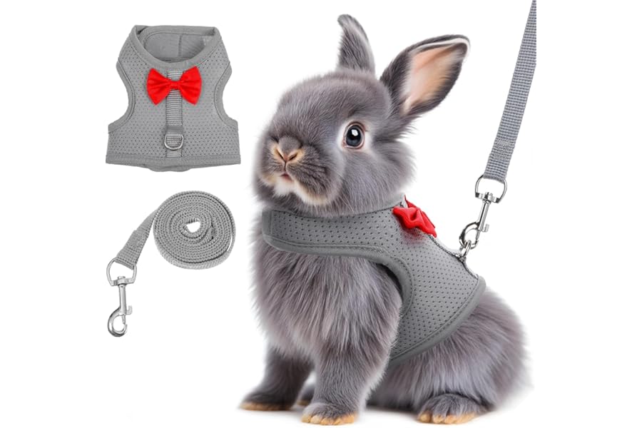 Rabbit Harness and Leash Set,Bunny Leash for Walking Escape Proof,Bunny Clothes with Cute Bow Mesh Breathable Adjustable Vest Rabbit Harness Camping Hiking Training for Ferret Kitten Puppy (Grey M)