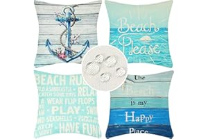 Velvhom Juego de 4 Fundas Decorativas para Cojines para Sofá 45 x 45 cm Funda de Almohada Lino Impermeable Modernas Océano Ancla Playa Mar Decoración Patio Jardín Banco Salón Granja