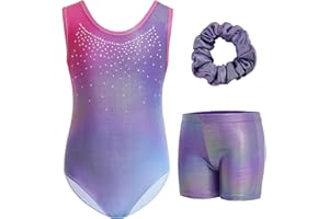 Gogokids Girls' Three-Piece Sleeveless Gymnastics Leotard Set with Shorts & Hair Tie, Kids Glitter Gymnastics Outfits with Rhinestone Accents & Crossback Design Sparkling Ballet Unitards for Age 3-12