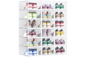 SONGMICS Boîtes à Chaussures, Organisateurs en Plastique, avec Porte, Lot de 18, Empilables, Montage Facile, 33,2 x 23 x 14,5 cm, pour Pointure jusqu'à 43, Transparentes et Blanc Nuage LSP318W01